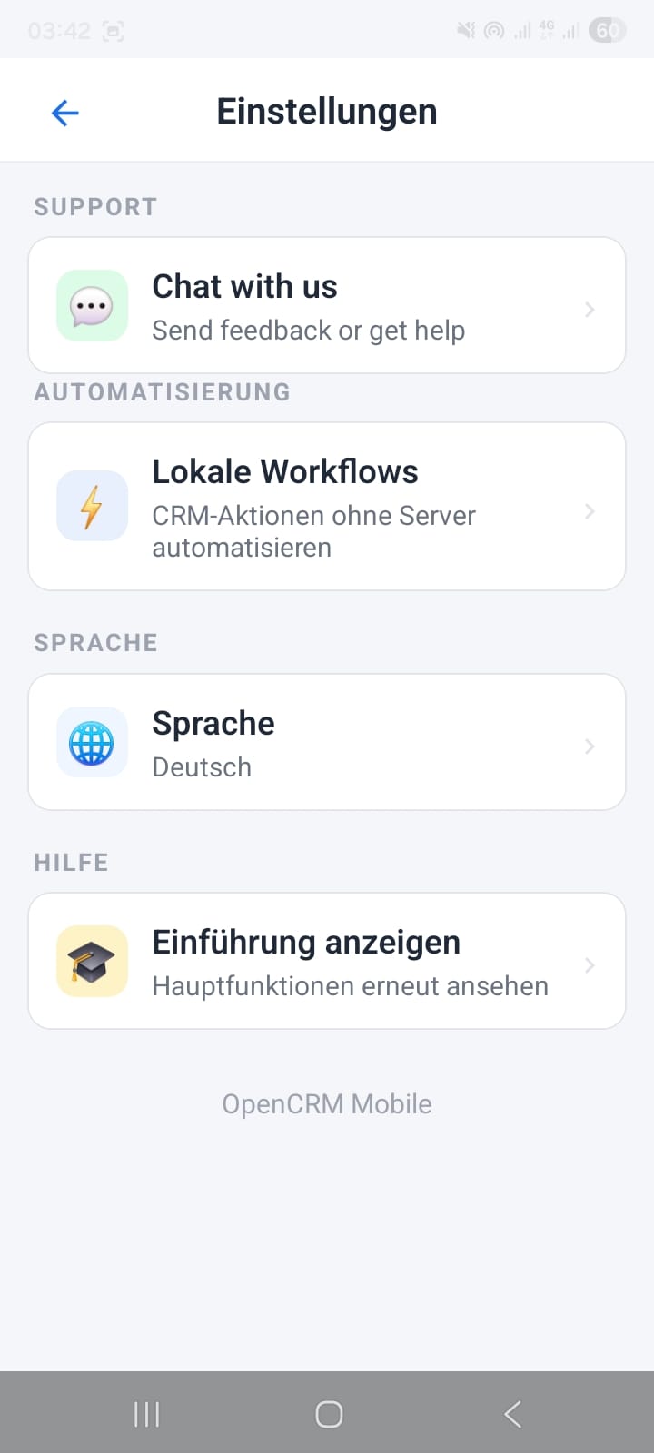 OpenCRMApp Settings screen in German — Einstellungen title with Automatisierung, Sprache (Deutsch), and Hilfe sections