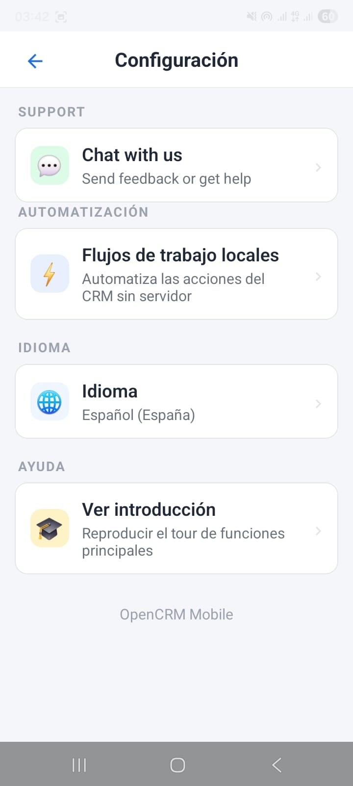 OpenCRMApp Settings screen in Spanish — Configuración title with Automatización, Idioma (Español España), and Ayuda sections