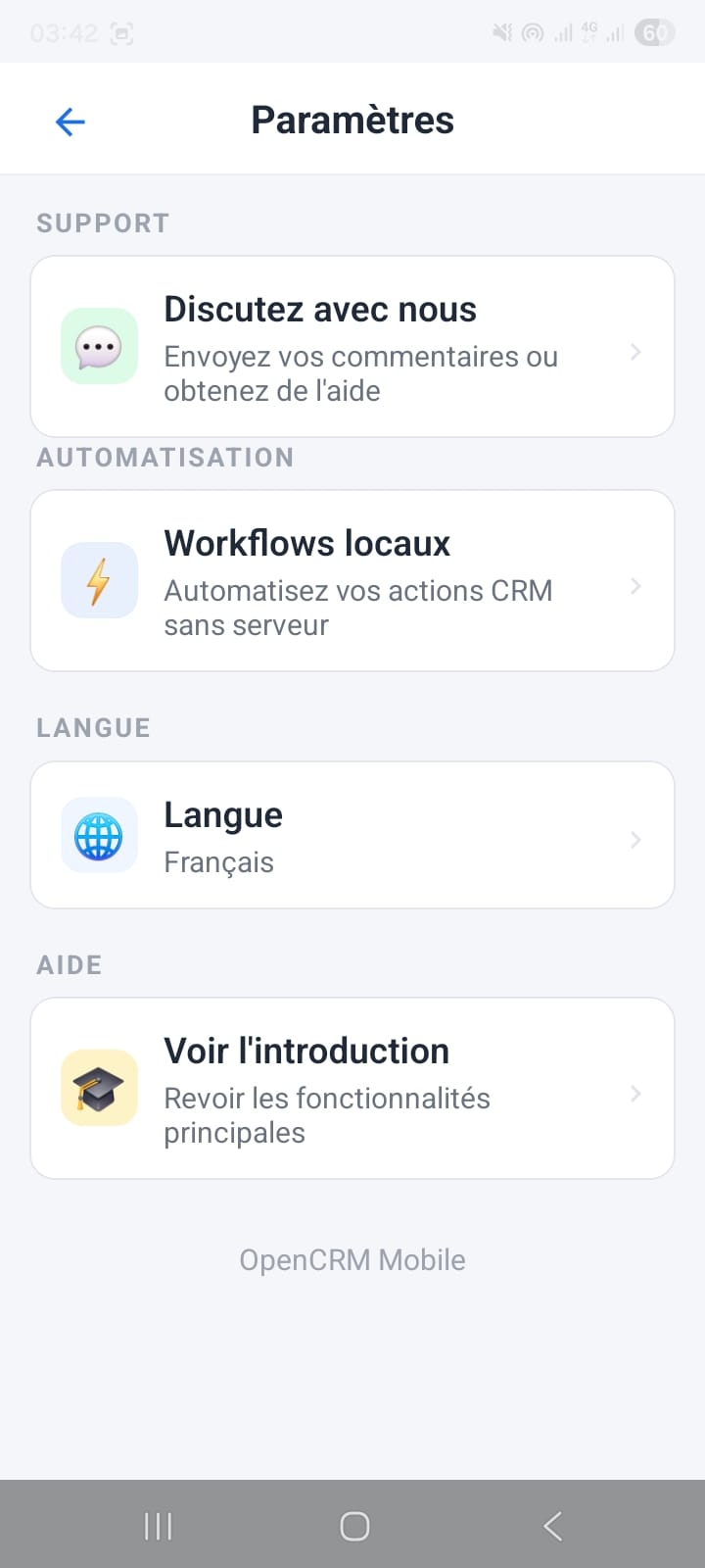 OpenCRMApp Settings screen in French — Paramètres title with Automatisation, Langue (Français), and Aide sections