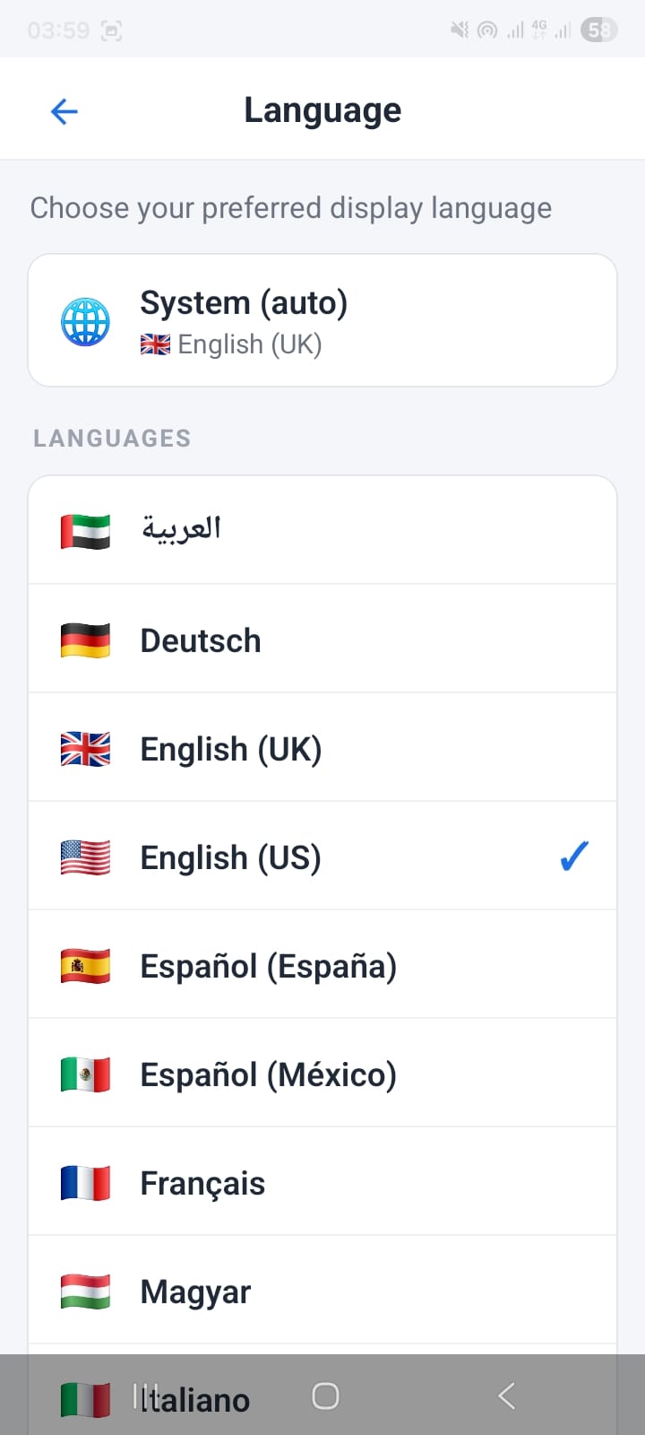 OpenCRMApp Language settings screen showing System (auto) option followed by a complete list: العربية, Deutsch, English (UK), English (US) with a checkmark, Español (España), Español (México), Français, Magyar, Italiano