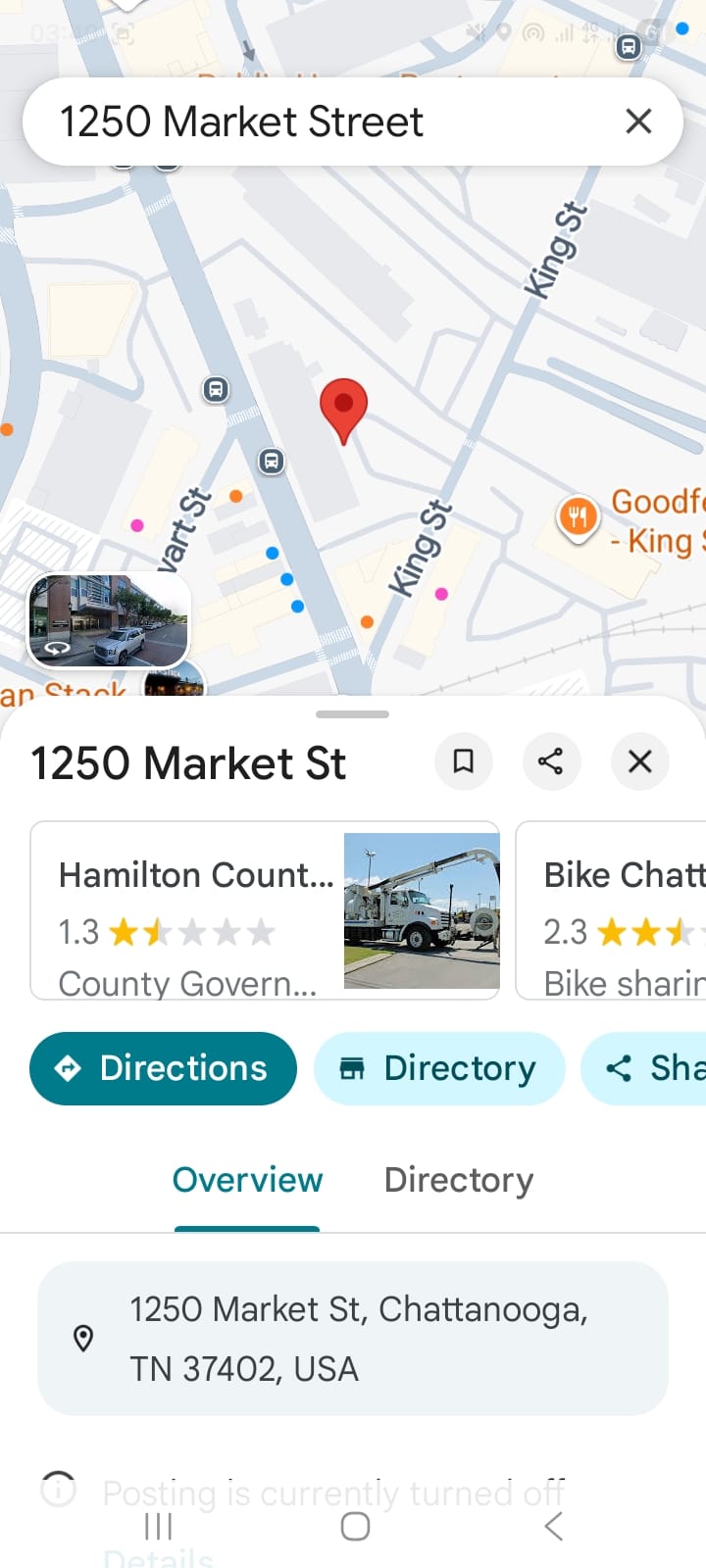 Google Maps opened from OpenCRMApp showing the address 1250 Market Street, Chattanooga TN on the map
