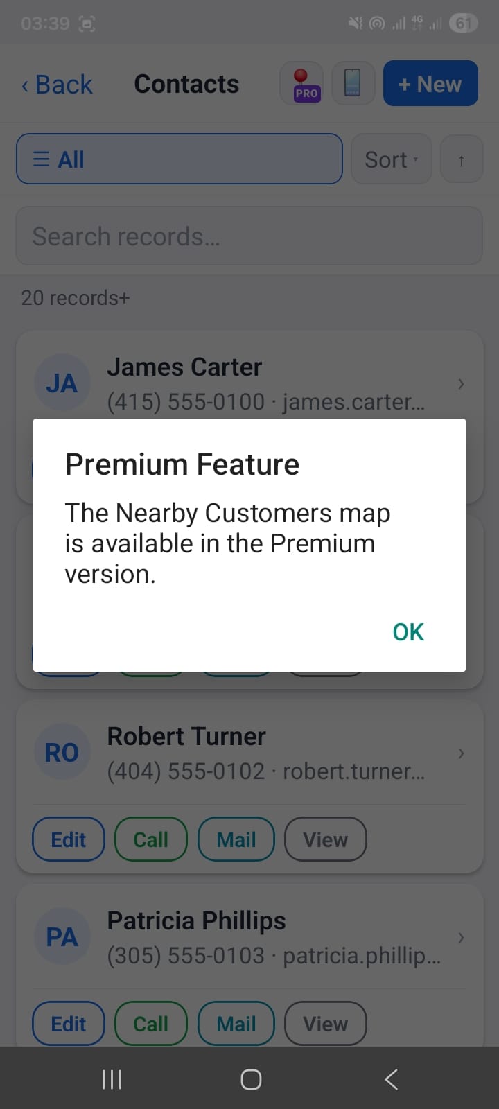 OpenCRMApp Nearby Customers premium feature dialog explaining that the map view shows contacts near your current location
