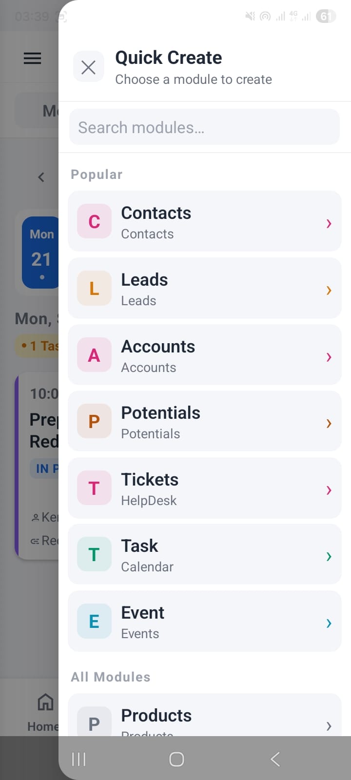 OpenCRMApp Quick Create panel showing Popular modules — Contacts, Leads, Potentials, Accounts — and an All Modules grid below