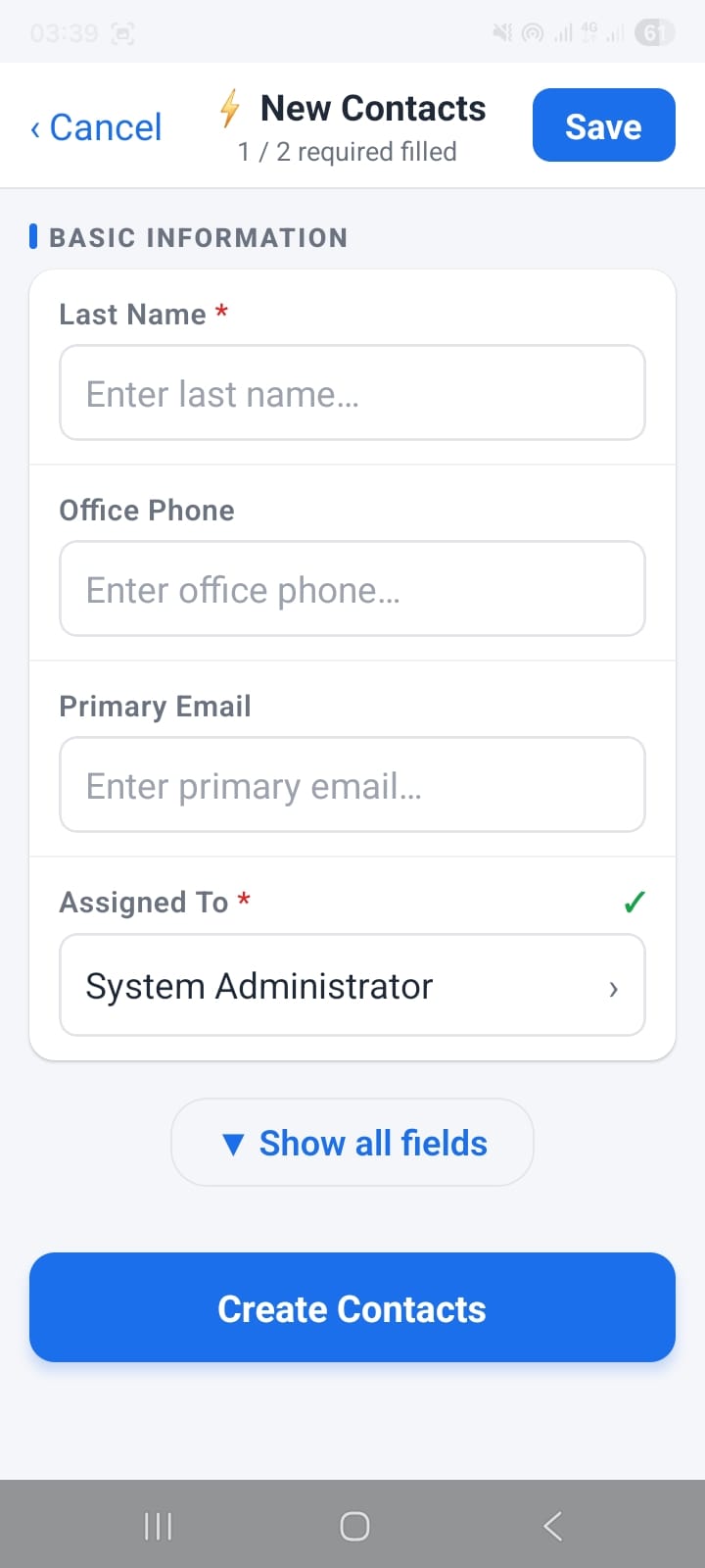 OpenCRMApp Quick Create contact form showing '1 / 2 required filled' counter in the header with Last Name and Assigned To as required fields