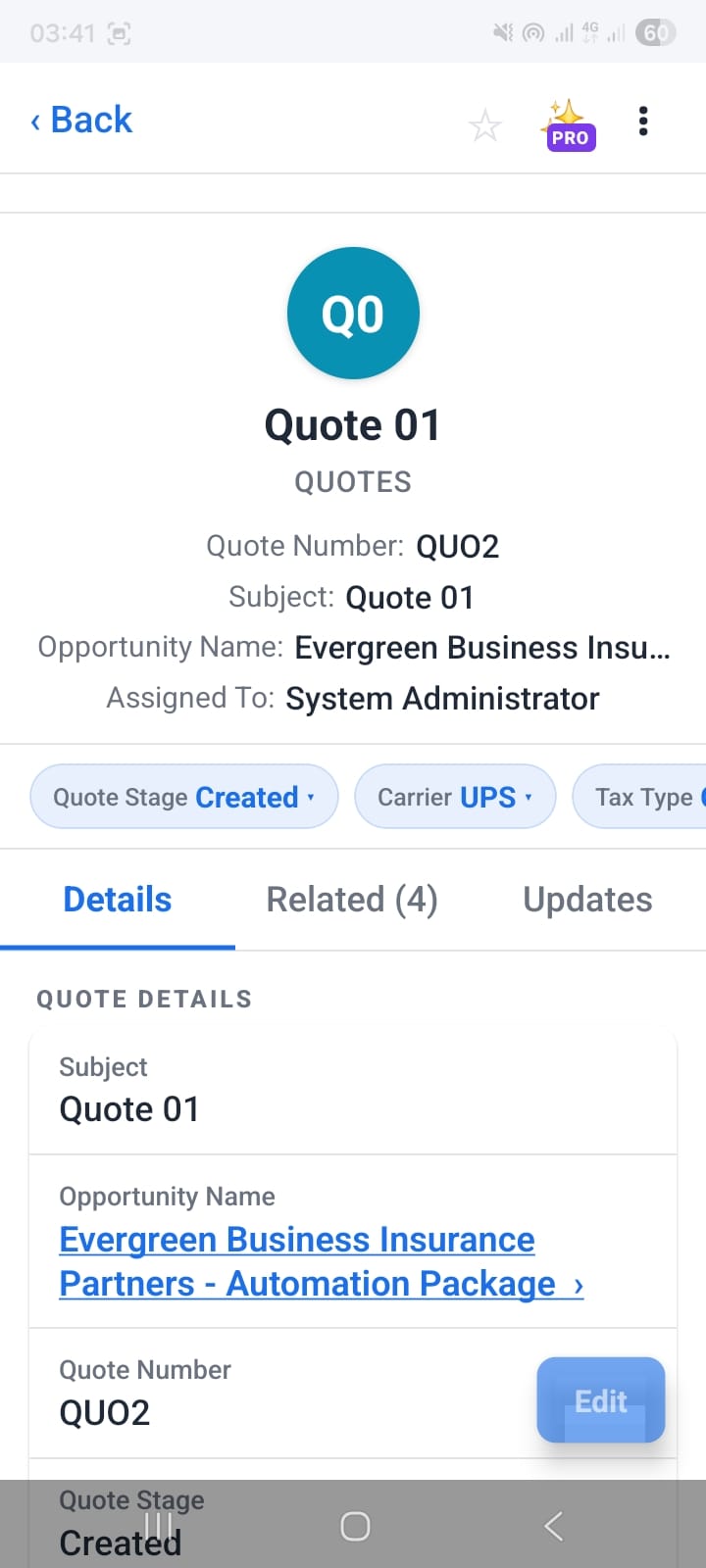 OpenCRMApp Quote 01 detail showing Subject, Opportunity (Evergreen Business Insurance Partners), Quote Stage (Created), and Carrier (UPS)