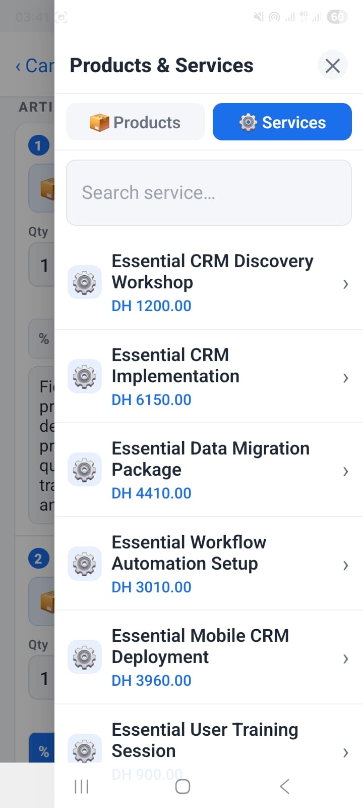 OpenCRMApp Products and Services panel showing the Services tab with CRM Discovery Workshop, CRM Implementation, Data Migration Package, and other services with prices