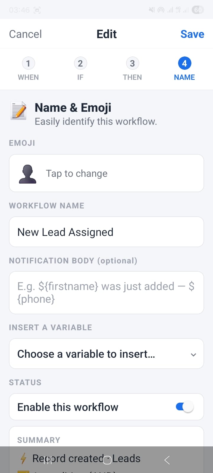 OpenCRMApp Workflow Builder Step 4 NAME screen showing the Workflow Name field 'New Lead Assigned', a notification body with ${firstname} and ${phone} variables, an Insert a Variable dropdown, and the Enable this workflow toggle