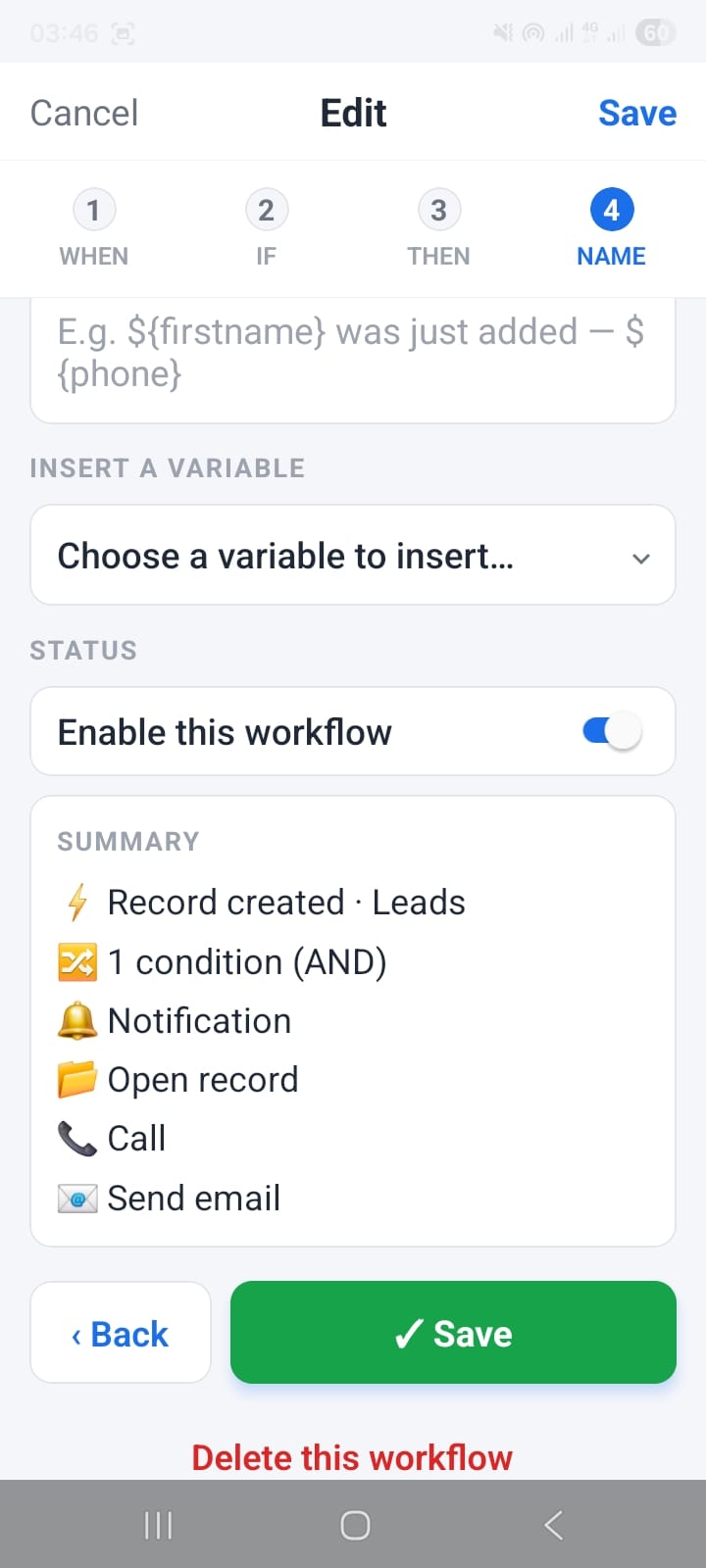 OpenCRMApp Workflow Builder summary screen showing: Record created · Leads, 1 condition (AND), Notification, Open record, Call, Send email — with Back and Save buttons